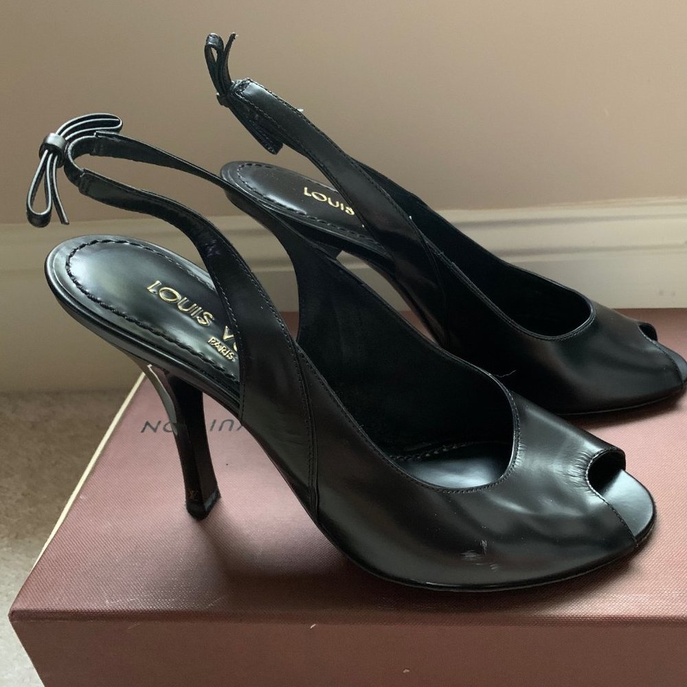 LOUIS VUITTON Black Magic Peep Toe Sling Back Heels, Sz. 37 Italy